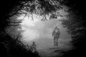 Climbing in the fog.